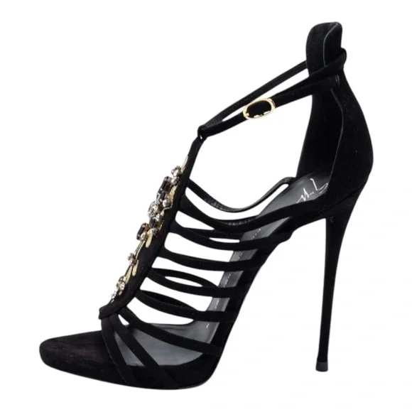 🍸GIUSEPPE ZANOTTI🍸Sexy Black Crystal Embellished T-Bar Sandal Heel - Picture 1 of 12